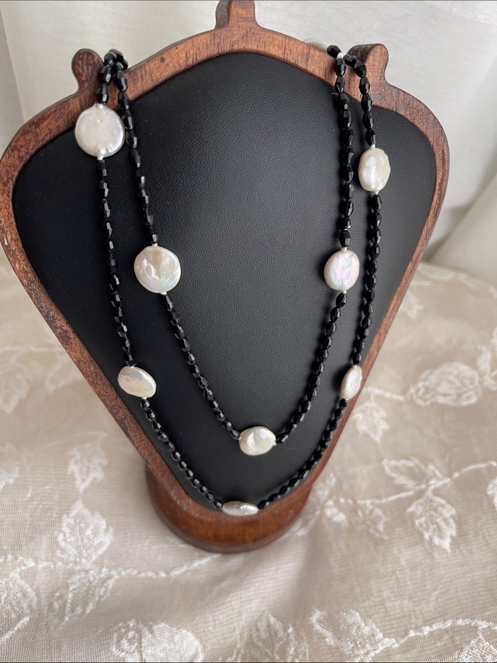 Black Bead and White Coin Pearl Long Necklace - Women Jewelry
